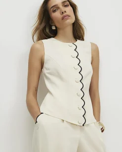 Cream Linen Blend Scallop Trim Waistcoat