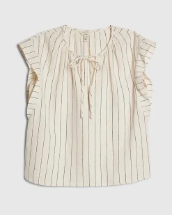 Cream Linen Blend Striped Tie Neck Top