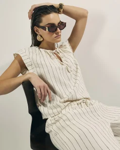 Cream Linen Blend Striped Tie Neck Top