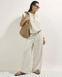 Cream Linen Blend Striped Tie Neck Top