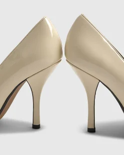 Cream Long Chisel Toe Patent Court Heels
