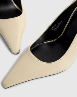 Cream Long Chisel Toe Patent Court Heels