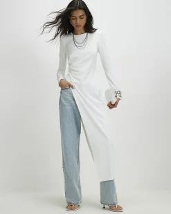 Cream Long Sleeve Longline Asymmetric Top
