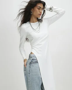 Cream Long Sleeve Longline Asymmetric Top