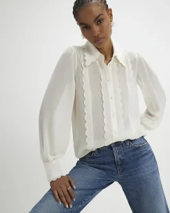 Cream Long Sleeve Scallop Trim Shirt