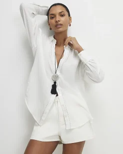 Cream Long Sleeve Tie Back Beach Shirt