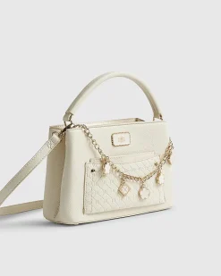 Cream Monogram Pocket Front Charmed Tote Bag