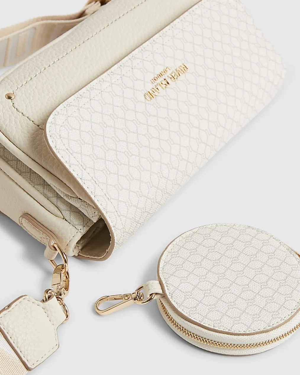 Cream Monogram Print Cross Body Bag