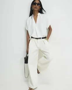 Cream Notch Neck Short Sleeve Top