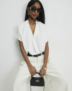 Cream Notch Neck Short Sleeve Top