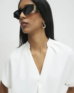 Cream Notch Neck Short Sleeve Top