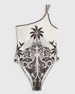 Cream One Shoulder Palm Print Swimsuit