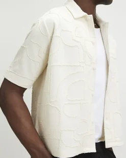 Cream Oversized Fit Geometric Textured Shirt
