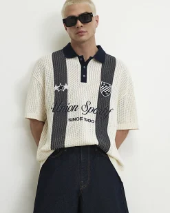 Cream Oversized Fit Stripe Crochet Polo Shirt