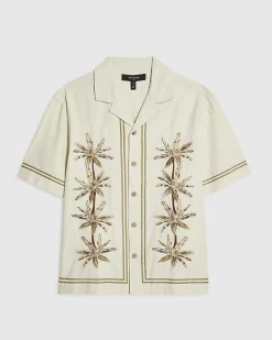 Cream Palm Tree Embroidered Cotton Shirt