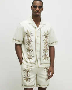Cream Palm Tree Embroidered Cotton Shirt