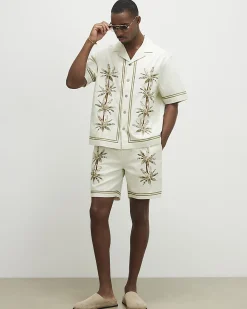 Cream Palm Tree Embroidered Cotton Shirt