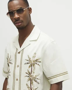 Cream Palm Tree Embroidered Cotton Shirt