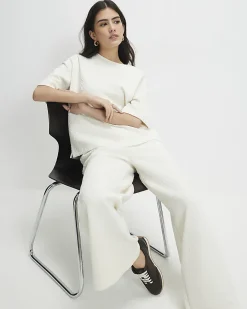 Cream Petite Jacquard Wide Trouser