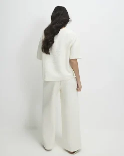 Cream Petite Jacquard Wide Trouser