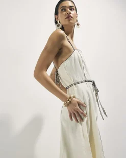 Cream Piped Belted Midi Dress