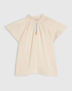 Cream Satin Angel Sleeve Twist Front Top