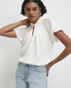 Cream Satin Angel Sleeve Twist Front Top