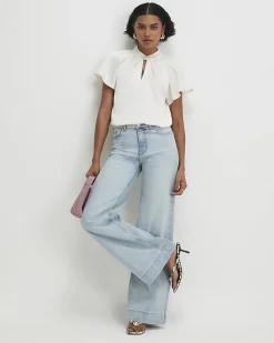 Cream Satin Angel Sleeve Twist Front Top