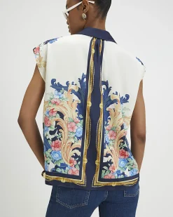Cream Satin Printed Boxy Shirt