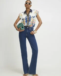 Cream Satin Printed Boxy Shirt