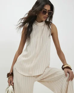 Cream Satin Stripe Tunic Top