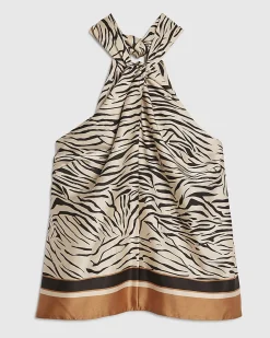Cream Satin Zebra Print Halter Neck Top