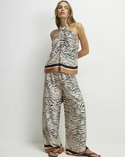 Cream Satin Zebra Print Halter Neck Top