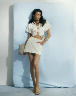 Cream Scallop Edge Mini Denim Skirt