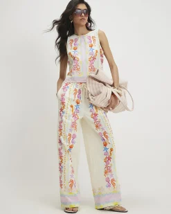 Cream Sea Life Print Wide Leg Trousers