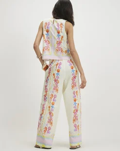 Cream Sea Life Print Wide Leg Trousers