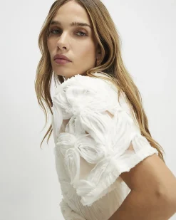 Cream Short Sleeve 3D Floral Top