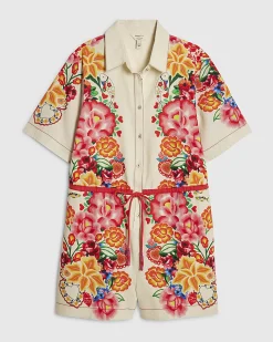 Cream Short Sleeve Floral Collared Playsuit