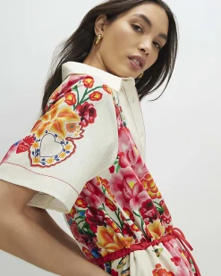 Cream Short Sleeve Floral Collared Playsuit
