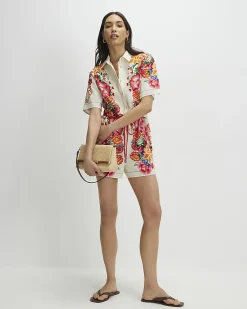 Cream Short Sleeve Floral Collared Playsuit