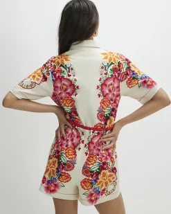 Cream Short Sleeve Floral Collared Playsuit