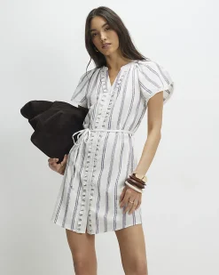 Cream Short Sleeve Striped Mini Dress
