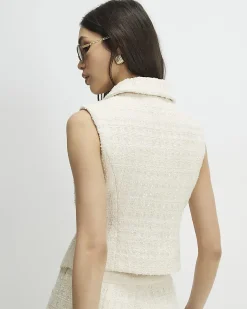 Cream Sleeveless Boucle Collared Waistcoat