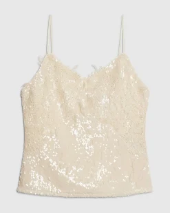 Cream Sleeveless Sequin Lace Cami Top
