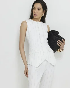 Cream Sleeveless Striped Longline Waistcoat