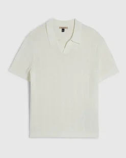 Cream Slim Fit Knitted Open Collar Polo Shirt