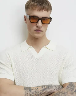 Cream Slim Fit Knitted Open Collar Polo Shirt