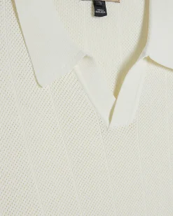 Cream Slim Fit Knitted Open Collar Polo Shirt