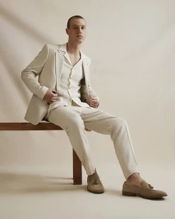 Cream Slim Fit Linen Blend Suit Trousers