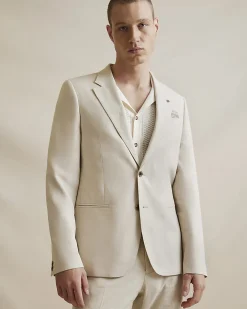 Cream Slim Fit Linen Blend Suit Blazer Jacket